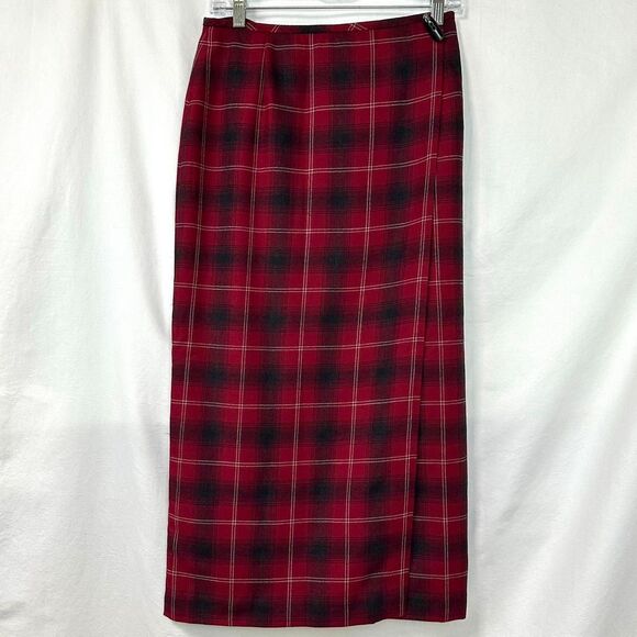 LIZ CLAIBORNE Vintage 90s Red Plaid Lined Midi Wrap Skirt Toggle Women 8P Preppy - Picture 1 of 5